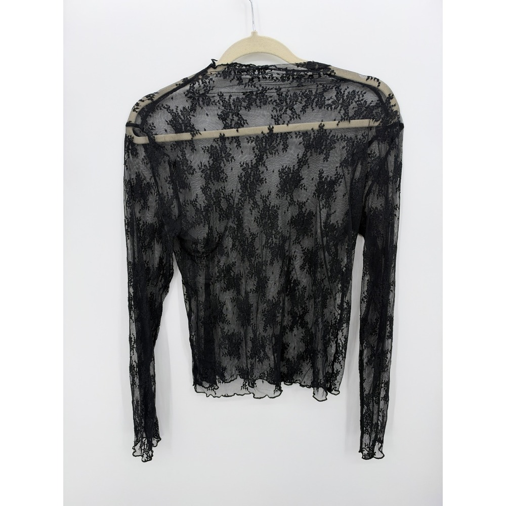 Black Floral Lace Sheer Mesh Mock Neck Long Sleeve Top XL Boho Layering